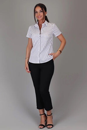 SWEETNESS Kadın Siyah Çizgili Kısa Kollu Likralı Pamuklu Klasik Gömlek DK001-3