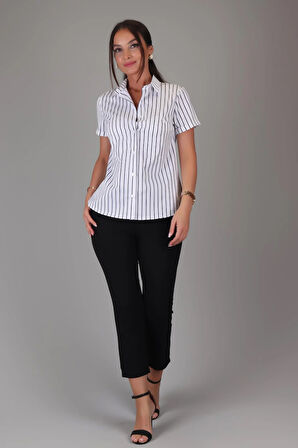 SWEETNESS Kadın Siyah Çizgili Kısa Kollu Likralı Pamuklu Klasik Gömlek DK001-3