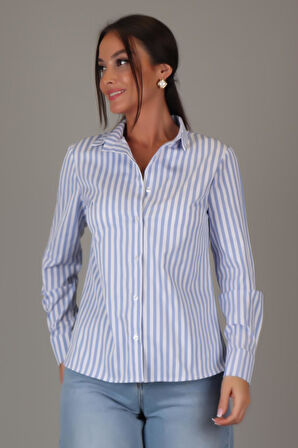 SWEETNESS Kadın Mavi Çizgili Uzun Kollu Likralı Pamuklu Klasik Gömlek DK004-1