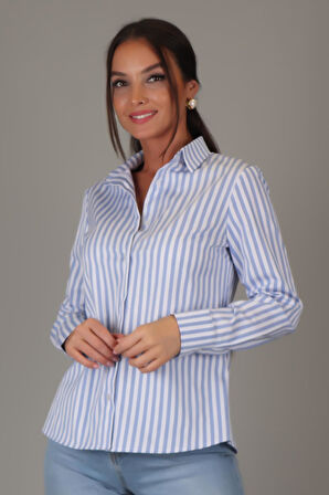 SWEETNESS Kadın Mavi Çizgili Uzun Kollu Likralı Pamuklu Klasik Gömlek DK004-1