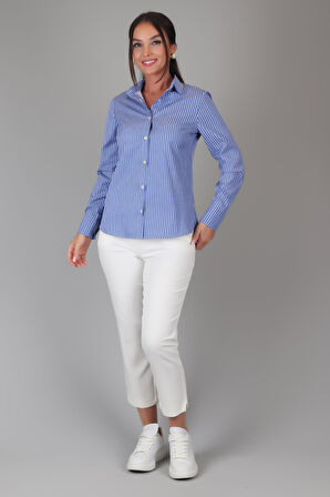 SWEETNESS Kadın İndigo Çizgili Uzun Kollu Likralı Pamuklu Klasik Gömlek DK002-4