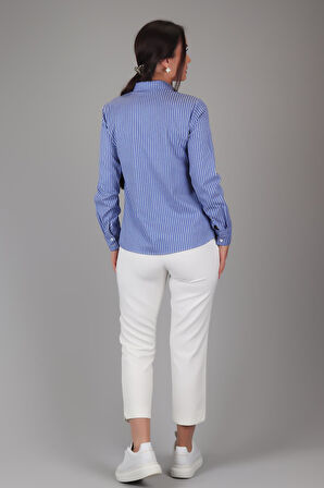 SWEETNESS Kadın İndigo Çizgili Uzun Kollu Likralı Pamuklu Klasik Gömlek DK002-4