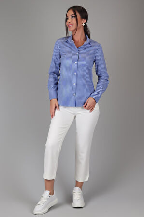 SWEETNESS Kadın İndigo Çizgili Uzun Kollu Likralı Pamuklu Klasik Gömlek DK002-4