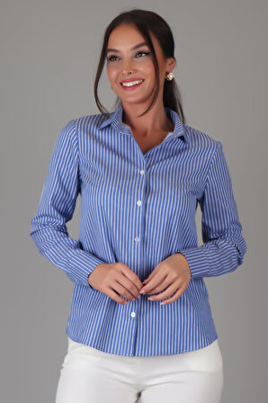 SWEETNESS Kadın İndigo Çizgili Uzun Kollu Likralı Pamuklu Klasik Gömlek DK002-4