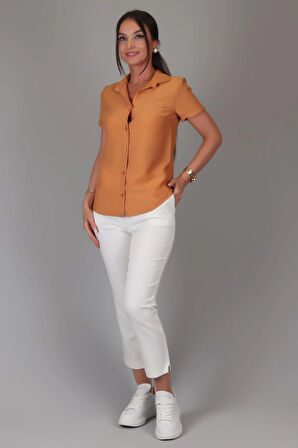 SWEETNESS Kadın Taba Kısa Kol Krinkıl Kumaş Klasik Gömlek