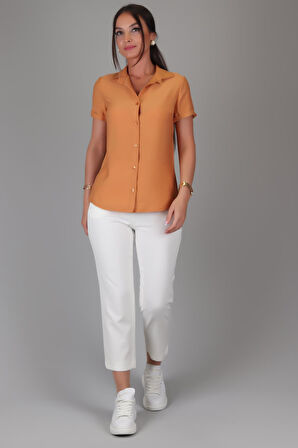 SWEETNESS Kadın Taba Kısa Kol Krinkıl Kumaş Klasik Gömlek