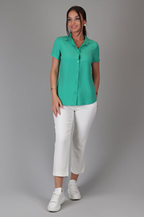 SWEETNESS Kadın Yeşil Kısa Kol Viskon Kumaş Klasik Gömlek 