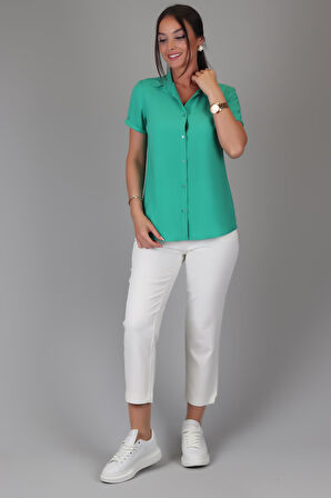SWEETNESS Kadın Yeşil Kısa Kol Viskon Kumaş Klasik Gömlek 