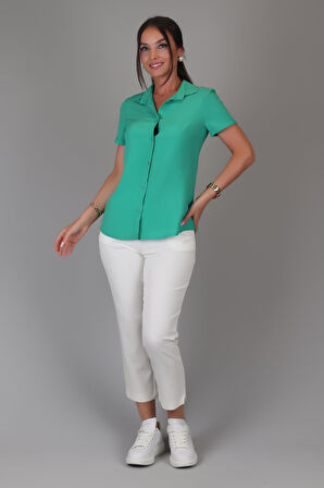 SWEETNESS Kadın Yeşil Kısa Kol Viskon Kumaş Klasik Gömlek 