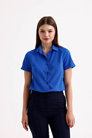 SWEETNESS Kadın Saks  Likralı Kısa Kol Pamuklu Klasik Gömlek