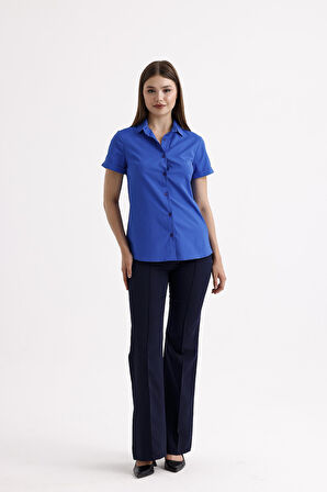 SWEETNESS Kadın Saks  Likralı Kısa Kol Pamuklu Klasik Gömlek