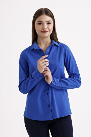 Sweetness Kadın Saks Likralı Uzun Kol Pamuklu Klasik Gömlek