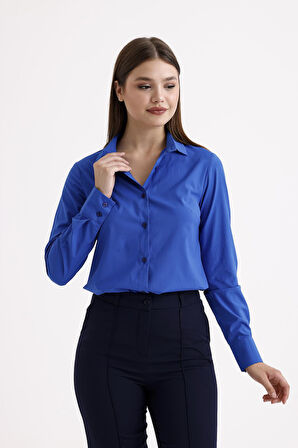 Sweetness Kadın Saks Likralı Uzun Kol Pamuklu Klasik Gömlek