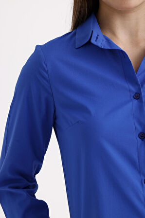 Sweetness Kadın Saks Likralı Uzun Kol Pamuklu Klasik Gömlek