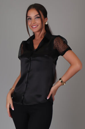 SWEETNESS Kadın Siyah Saten Kısa Tül Kollu Abiye Gömlek 