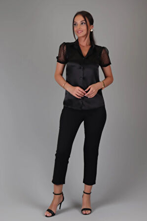 SWEETNESS Kadın Siyah Saten Kısa Tül Kollu Abiye Gömlek 