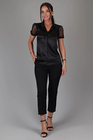 SWEETNESS Kadın Siyah Saten Kısa Tül Kollu Abiye Gömlek 