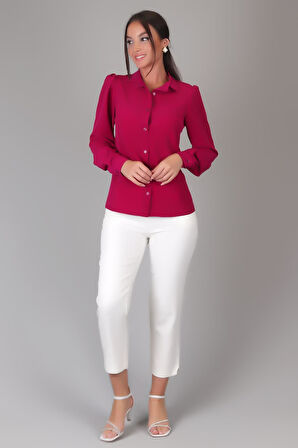 SWEETNESS Kadın Fuşya İpek Kumaş Büzgülü Uzun Kol Gömlek 