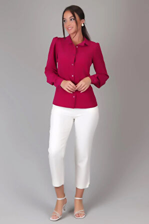 SWEETNESS Kadın Fuşya İpek Kumaş Büzgülü Uzun Kol Gömlek 