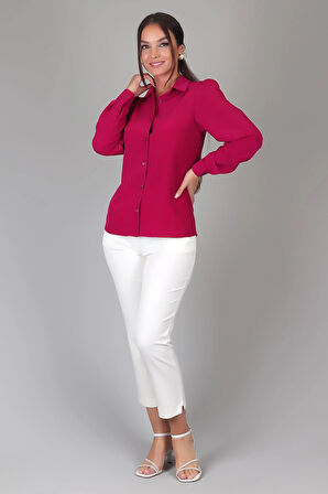 SWEETNESS Kadın Fuşya İpek Kumaş Büzgülü Uzun Kol Gömlek 