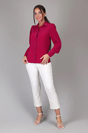 SWEETNESS Kadın Fuşya İpek Kumaş Büzgülü Uzun Kol Gömlek 