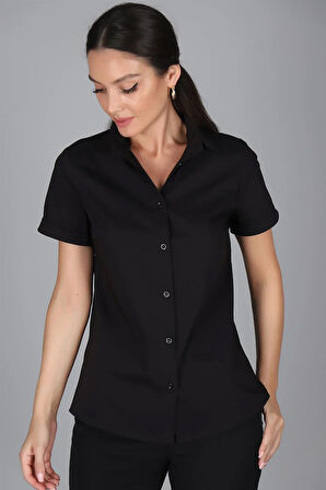 SWEETNESS Kadın Siyah Kısa Kollu Pamuklu Likralı Gömlek 