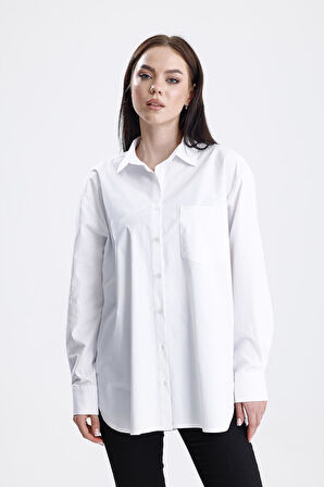 SWEETNESS Kadın Beyaz Oversize Likralı Pamuklu Cepli Uzun Kol Gömlek