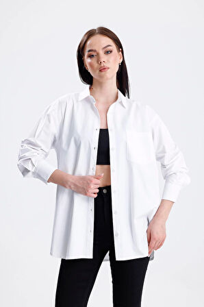 SWEETNESS Kadın Beyaz Oversize Likralı Pamuklu Cepli Uzun Kol Gömlek