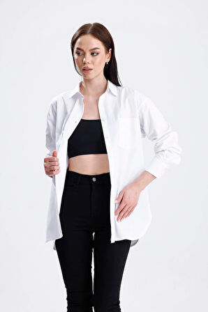 SWEETNESS Kadın Beyaz Oversize Likralı Pamuklu Cepli Uzun Kol Gömlek