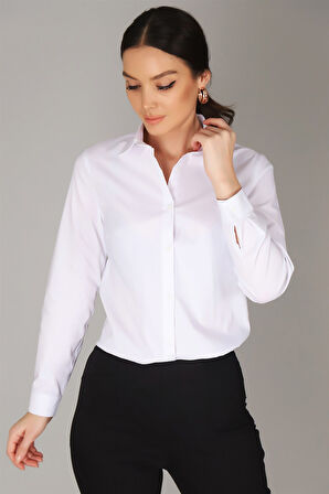 Sweetness Kadın Beyaz Likralı Uzun Kol Pamuklu Klasik Gömlek