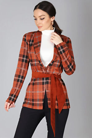 Sweetness Kadın Kiremit Kemer Detaylı Ekose Ceket