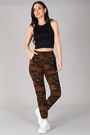 Sweetness Kadın Kahve Paçası Lastikli Kamuflaj Desenli Eşofman Altı