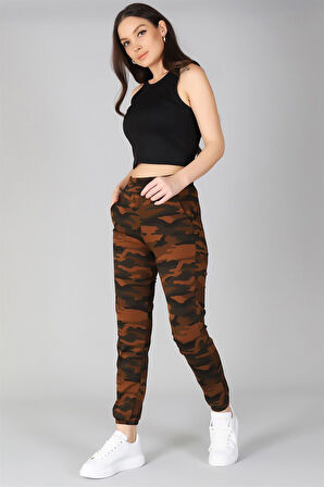 Sweetness Kadın Kahve Paçası Lastikli Kamuflaj Desenli Eşofman Altı