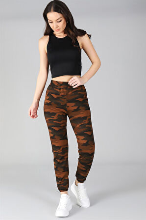 Sweetness Kadın Kahve Paçası Lastikli Kamuflaj Desenli Eşofman Altı