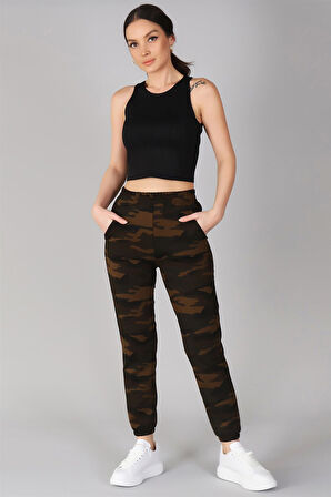 Sweetness Kadın Yeşil Paçası Lastikli Kamuflaj Desenli Eşofman Altı
