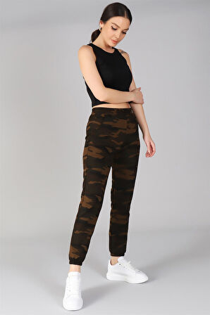 Sweetness Kadın Yeşil Paçası Lastikli Kamuflaj Desenli Eşofman Altı