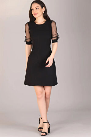 Sweetness Kadın Siyah Tül Kollu Elbise