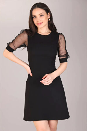 Sweetness Kadın Siyah Tül Kollu Elbise