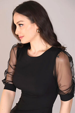 Sweetness Kadın Siyah Tül Kollu Elbise