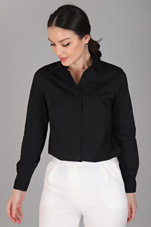 Sweetness Kadın Siyah Likralı Uzun Kol Pamuklu Klasik Gömlek