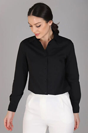 Sweetness Kadın Siyah Likralı Uzun Kol Pamuklu Klasik Gömlek