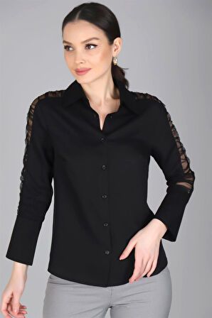 Sweetness Kadın Siyah Kolları Tül Detaylı Likralı Gömlek