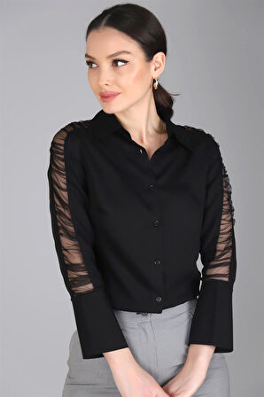 Sweetness Kadın Siyah Kolları Tül Detaylı Likralı Gömlek