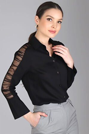 Sweetness Kadın Siyah Kolları Tül Detaylı Likralı Gömlek