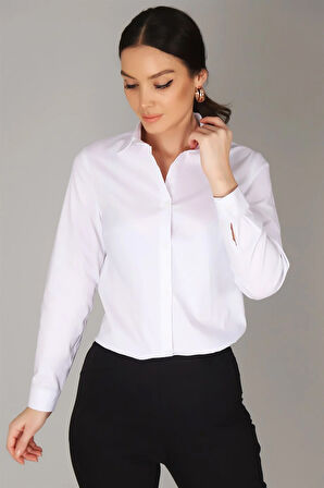 Sweetness Kadın Beyaz Likralı Uzun Kol Pamuklu Klasik Gömlek
