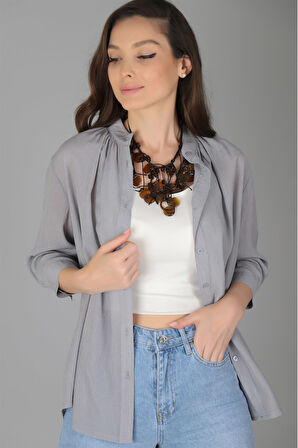 SWEETNESS Kadın Gri Yakası Büzgülü Gömlek 