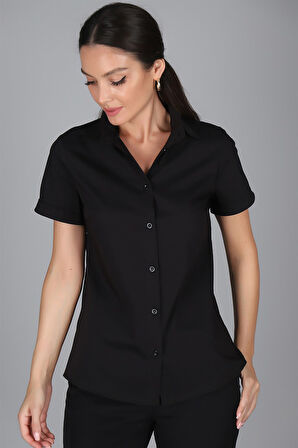 SWEETNESS Kadın Siyah Kısa Kollu Pamuklu Likralı Gömlek 
