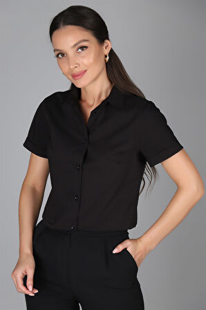 SWEETNESS Kadın Siyah Kısa Kollu Pamuklu Likralı Gömlek 