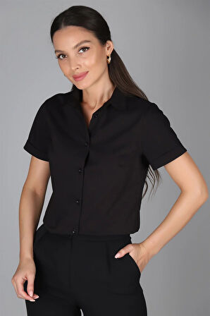 SWEETNESS Kadın Siyah Kısa Kollu Pamuklu Likralı Gömlek 