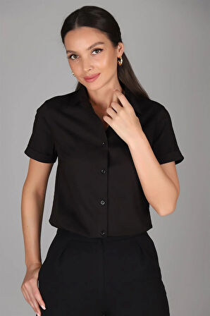 SWEETNESS Kadın Siyah Kısa Kollu Pamuklu Likralı Gömlek 